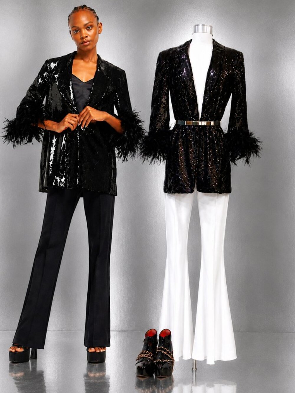 💥SEXY GLAM💥River Island Black Sequin Ostrich Feather Cuff Blazer